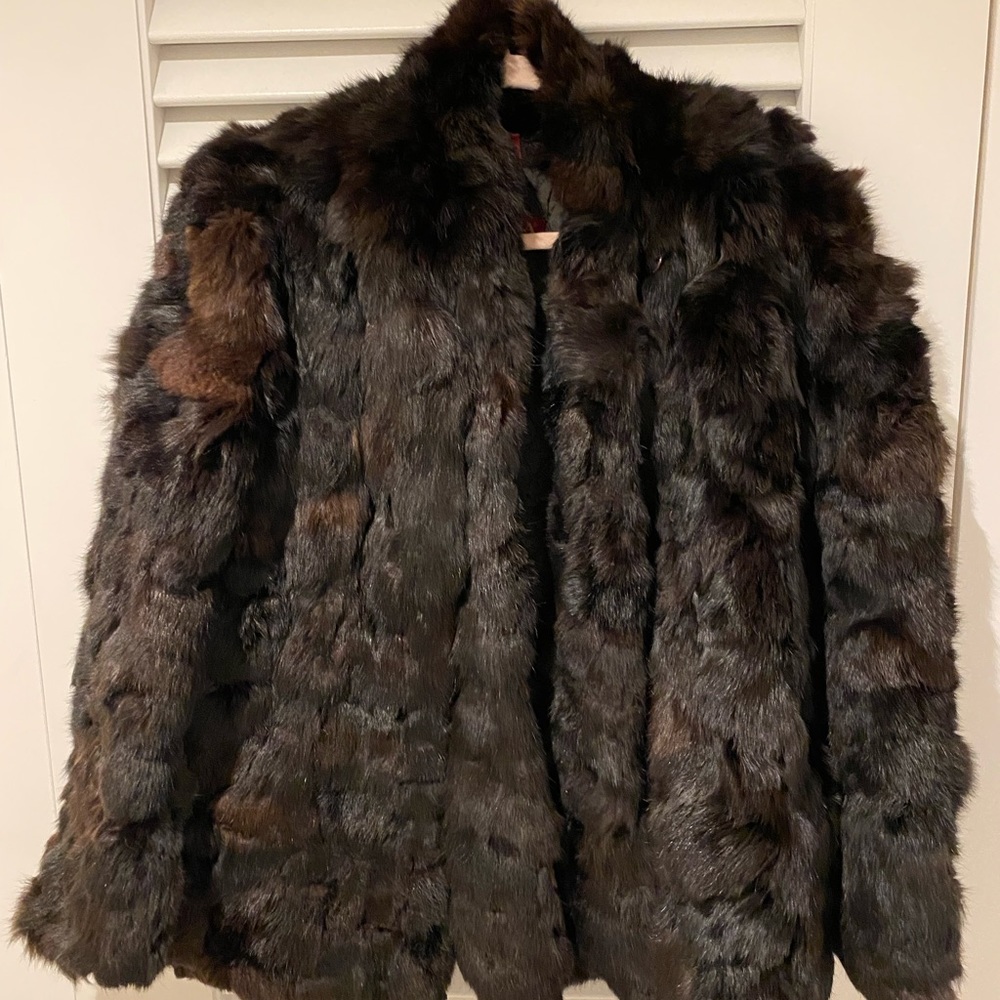 100% real genuine brown black rabbit fur coat, vintage, fully lined, Opera NYC